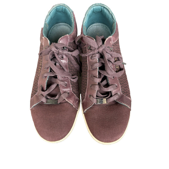 TED BAKER SIZE 10.5 PLUM/BLACK LACE-UP PRINT CANVAS LEATHER MEN'S SNEAKERS MEN'S - Picture 1 of 9